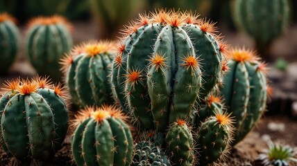 Close-up of a cluster of vibrant green cacti with orange-red thorns.
