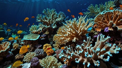 Obraz premium Vibrant coral reef teeming with diverse fish.