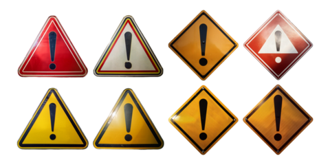 Various Warning Signs with Exclamation Marks, png collection isolated on transparent background