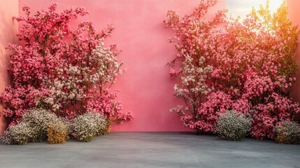 Fototapeta premium Pink wall with flowering plants.