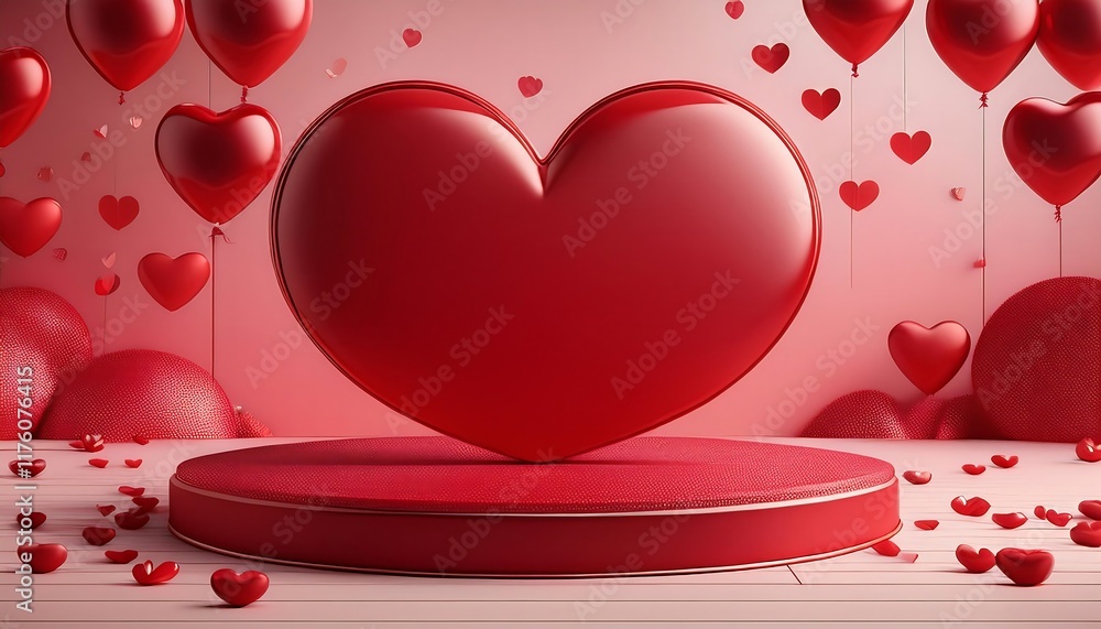 Aufkleber red heart balloons float above a tiered platform on a matching red background.