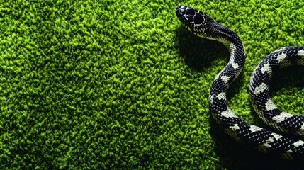 Fototapeta premium A striking black and white king snake on a bright green mossy background, with sharp contrasts and crisp details 