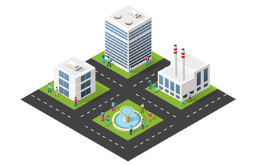 Isometric city view showing office buildings, factory, park with fountain and miniature businessmen walking on the streets