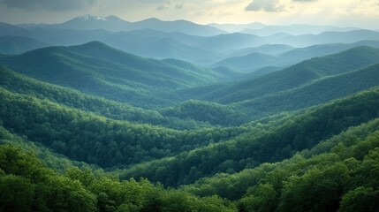 Fototapeta premium Lush green hills and valleys under a cloudy sky, showcasing serene natural beauty.