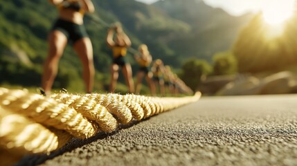 Summer bootcamp class, people exercising with ropes and weights, scenic nature backdrop