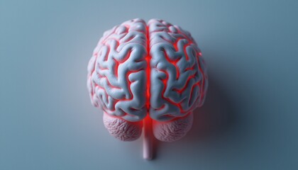 This striking image features a detailed brain model, glowing softly with vibrant red highlights that accentuate its complex neural pathways. The artistic representation evokes a sense of curiosity and