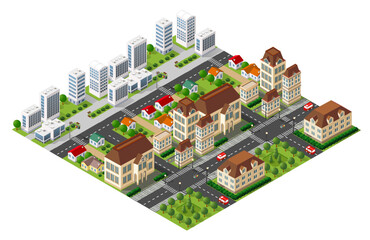 Isometric city view featuring skyscrapers, residential houses, roads with cars, parks, and urban infrastructure