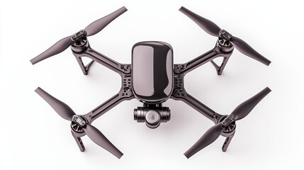 Compact drone centered on white background, dynamic angle and sharp lighting, commercial-ready for tech advertising materials