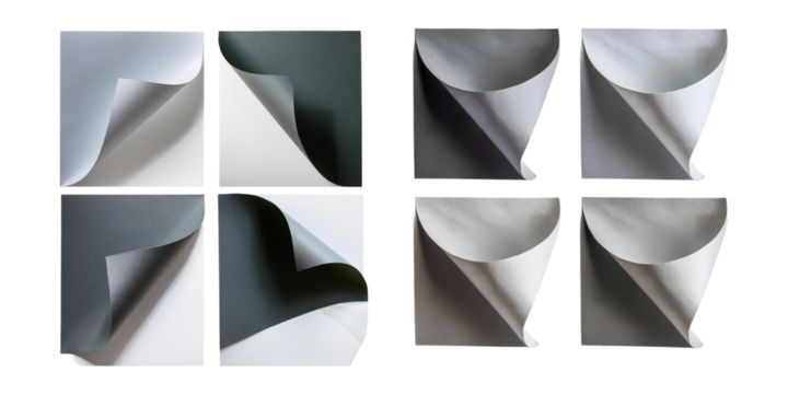 Curly paper page corners, paper sheet turn curls and flips, set collection, mega bundle, isolated on transparent background