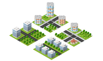 Isometric city tiles representing modern buildings, parks, roads, and other urban elements creating a miniature cityscape