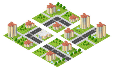 Isometric city map generator demonstrating various building types, roads, and green spaces for urban development and visualization