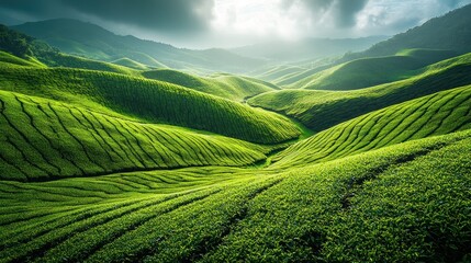 Lush green hills of tea plantations under a cloudy sky.