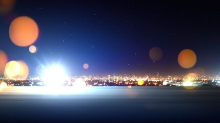 Night cityscape with bokeh lights and a glowing horizon.