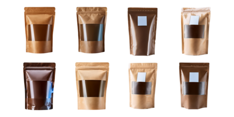 Kraft pouch bag mockup isolated on white background with plastic window, set collection, mega bundle, isolated on transparent background