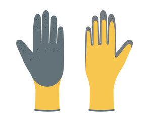 Nitrile Coated Work Gloves yellow grey cartoon hand accessory clothing technical illustration garment. Vector garden front palm back view for Men, women, unisex style flat template on white background