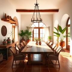 A spacious dining room characterized by warm, earthy tones and a welcoming atmosphere. Wooden Beams, Large Windows. Dining Table. Decorative Elements. Warm Lighting.
