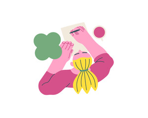 Writing people, modern flat vector concept illustration- sitting woman thoughtfully writing on paper, bubble near head, top view. Metaphor for reflection, insight, contemplation, creative expression