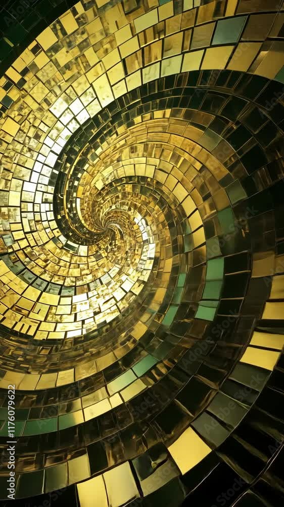 Poster swirling golden mosaic design creates a captivating visual effect in a spiraling pattern