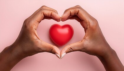 Obraz premium Two hands with dark skin tone form a heart shape around a red heart on a pink background.