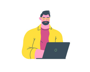 Writing people, modern flat vector concept illustration- sitting man thoughtfully writing on laptop. Metaphor for reflection, personal insight, contemplation, creative expression