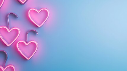 Pink Neon Heart Shapes on a Light Blue Background