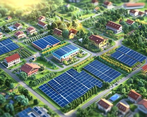 Aerial view of a sustainable village with solar panels integrated into its design.  Green energy, eco-friendly homes, and a harmonious blend of nature and technology.