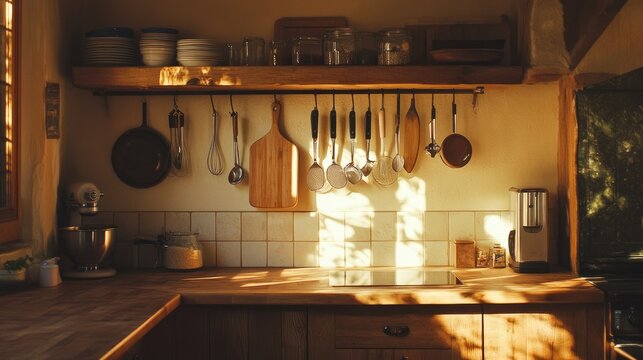 A kitchen with a rack of hanging utensils and cutting boards leaning against the wall.