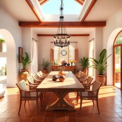 A spacious dining room characterized by warm, earthy tones and a welcoming atmosphere. Wooden Beams, Large Windows. Dining Table. Decorative Elements. Warm Lighting.