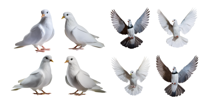 Doves and pigeons in different poses isolated on transparent background