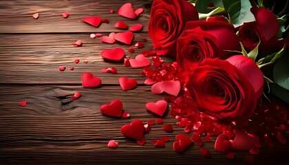 A bouquet of red roses and scattered red heart-shaped confetti lie on a wooden surface