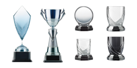 Various Award Trophies and Recognition Cups, set collection, mega bundle, isolated on transparent background