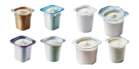 realistic plastic packages with yogurt, set collection, mega bundle, isolated on transparent background