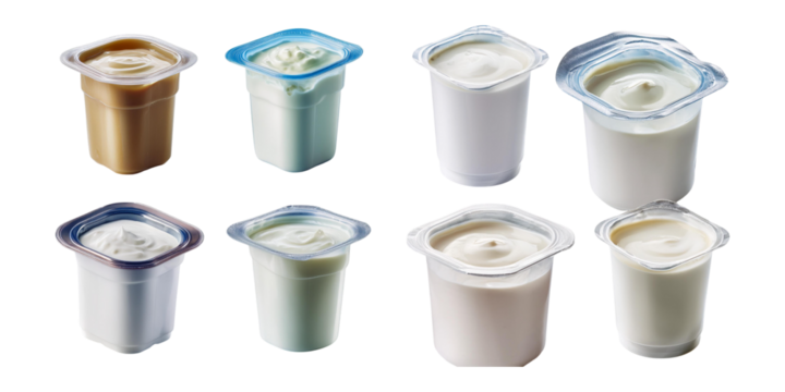 realistic plastic packages with yogurt, set collection, mega bundle, isolated on transparent background