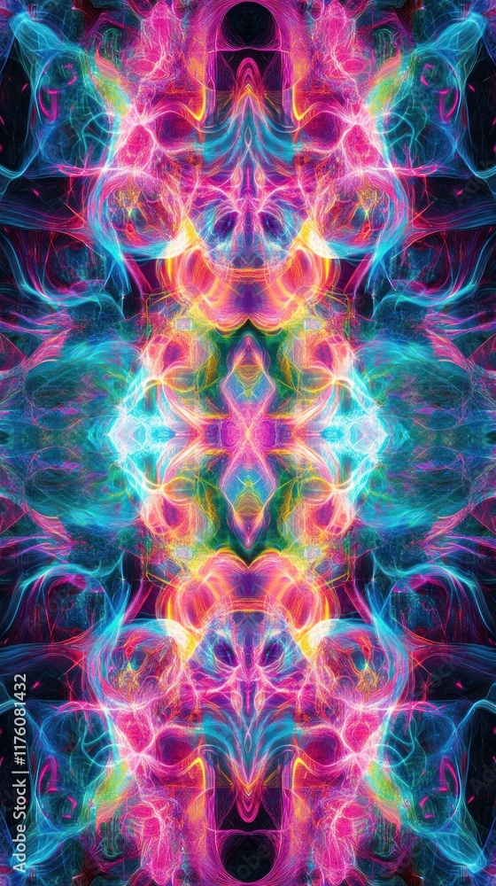 Poster abstract colorful light patterns in neon hues creating a mesmerizing symmetrical design for creative