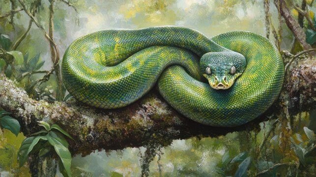 A vibrant green python coiled on a tree branch in a tropical rainforest, with soft light filtering through dense foliage 