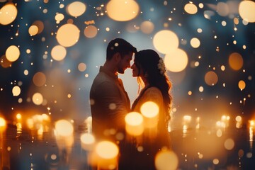 A festive photoshoot featuring a couple in complementing kurtas, surrounded by traditional lamps and marigold decorations