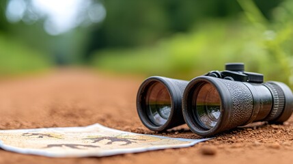 Animal tracks in dirt path, binoculars and map in foreground, exploration mood