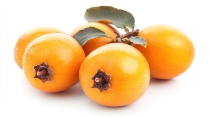 Close-up of five ripe, orange-yellow fruits with leaves on white background.