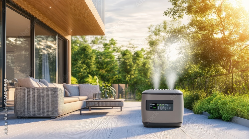 Poster a modern portable generator with smart features displayed on a sunny patio.