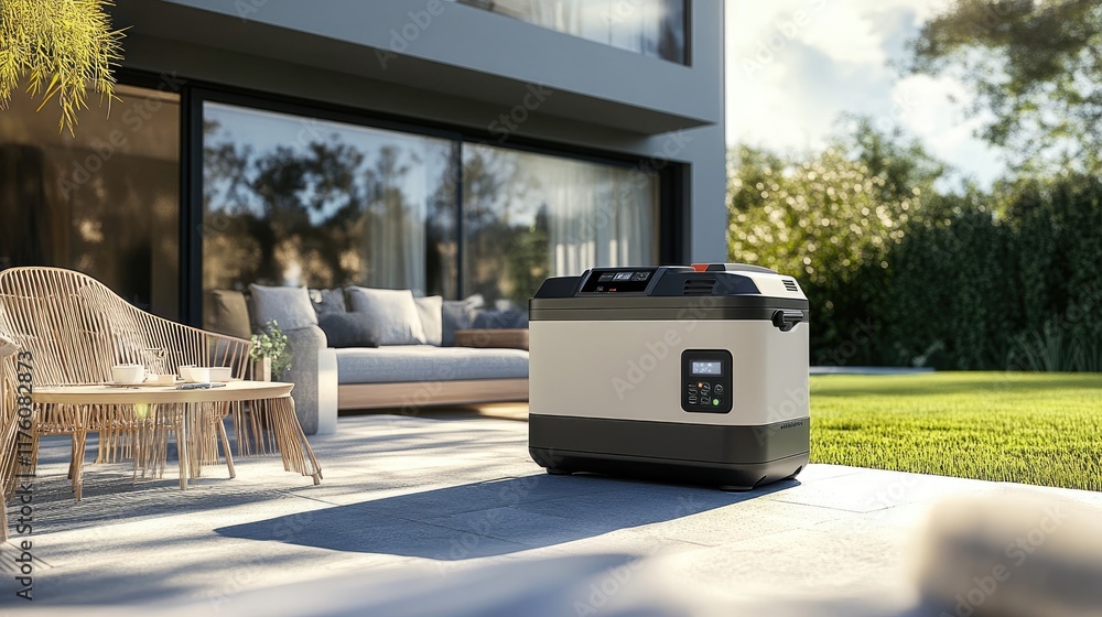 Poster a modern portable generator with smart features displayed on a sunny patio.