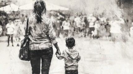 A mother and child holding hands, looking at a Memorial Day parade, emotional sketch style, black and white 
