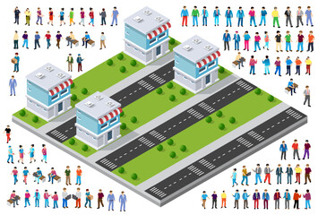 Isometric shops with red and white awnings and people walking along the street, trees and bushes, urban landscape