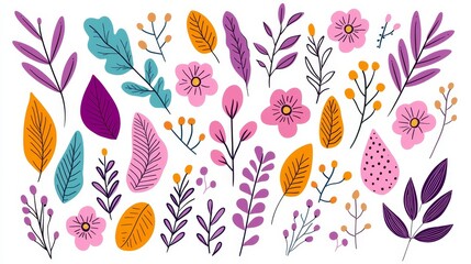 Natural-themed doodles of flowers, leaves, and vines, arranged in a whimsical hand-drawn style, colorful vector design, eco-friendly concept