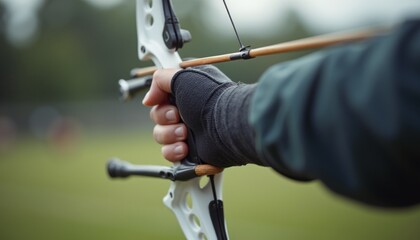 A close-up of a hand gripping a modern bow, poised for an archery shot against a blurred green background. The image captures the intensity and precision of the sport, highlighting the determination