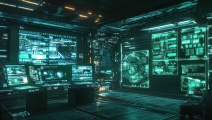 Futuristic Control Room with Green Screens