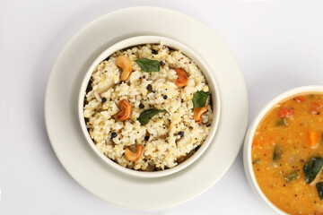 South Indian Food Ven Pongal Khara Pongal with Sambar popular breakfast food of Tamil Nadu festival...