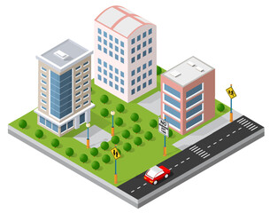 Obraz premium Isometric view of a city landscape featuring modern buildings, a street with a red car, pedestrian crossing, no parking signs, trees, and green spaces