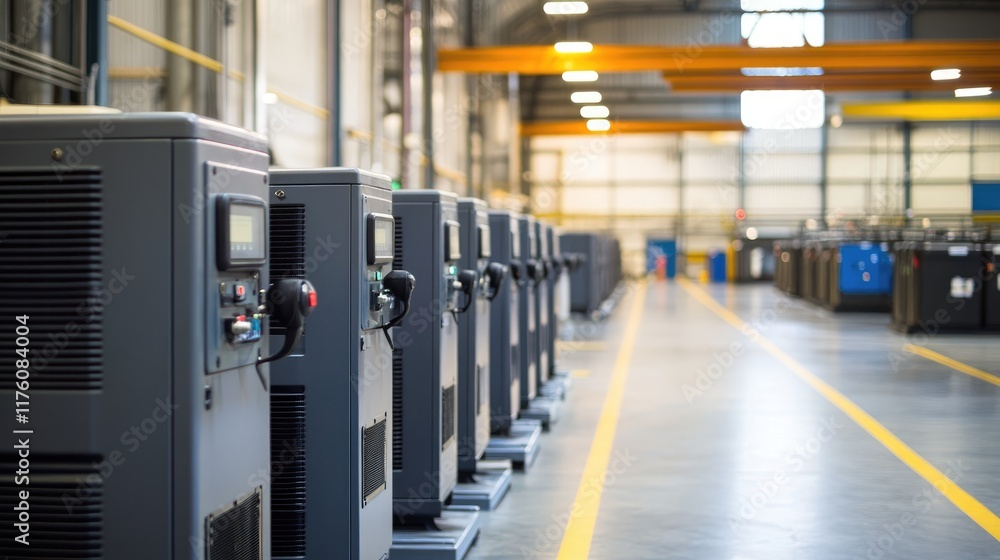 Poster a row of generators neatly lined up in an industrial warehouse, ready for deployment.