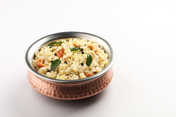 South Indian Food Ven Pongal Khara Pongal with Sambar popular breakfast food of Tamil Nadu festival Pongal Sankranti Diwali spicy pongal prepared with rice and lentil