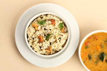 South Indian Food Ven Pongal Khara Pongal with Sambar popular breakfast food of Tamil Nadu festival Pongal Sankranti Diwali spicy pongal prepared with rice and lentil